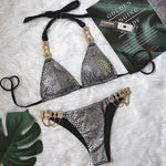 Halter Metal Chains Rhinestone Diamond Bikini Women Swimsuit Female Swimwear Two Pieces Bikini set Brazilian Bathing Suit Swim