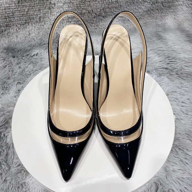 transparent PVC women's high heels, 12cm 10cm 8cm thin heels, no shoelaces, toe, Party disco shoes, black, size 33-45
