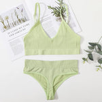 Women Ribbed Bra And Panties Set Seamless Underwear Top Women's V-Neck No Pad Lingerie Adjustable Straps Wire Free Bralette M-L