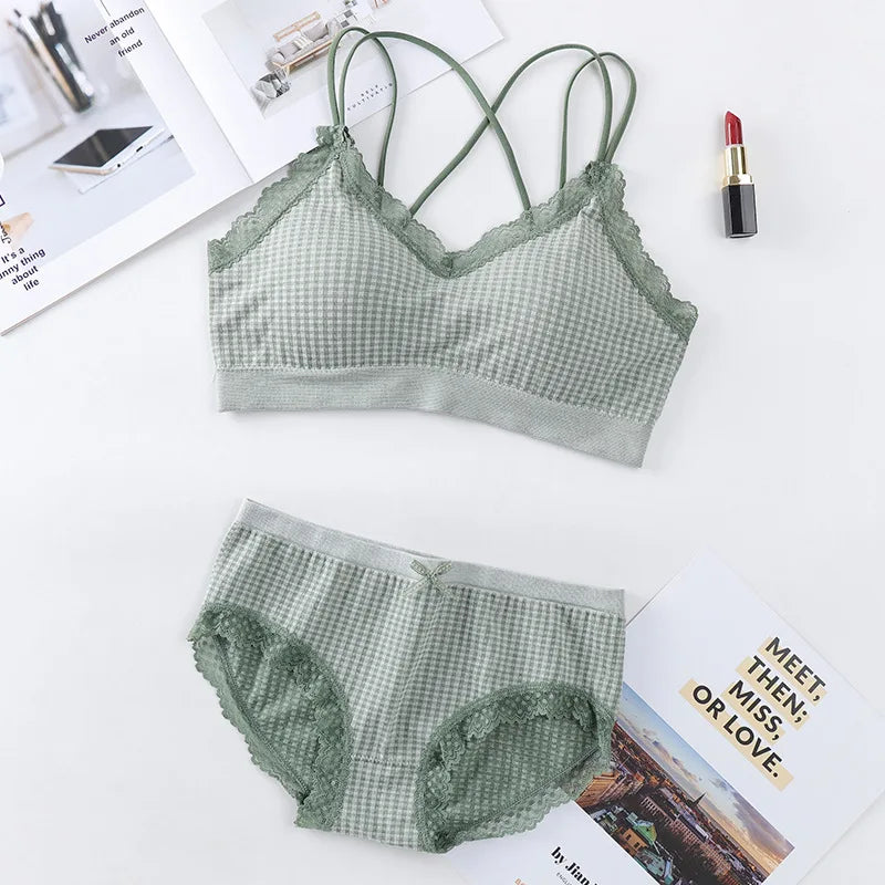 Gingham Lace Trim Bralette & Panty Set Push-Up Bra Plaid Lace Trim Lingerie Set Cross-Back Wireless Women's Underwear Set