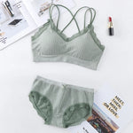 Gingham Lace Trim Bralette & Panty Set Push-Up Bra Plaid Lace Trim Lingerie Set Cross-Back Wireless Women's Underwear Set