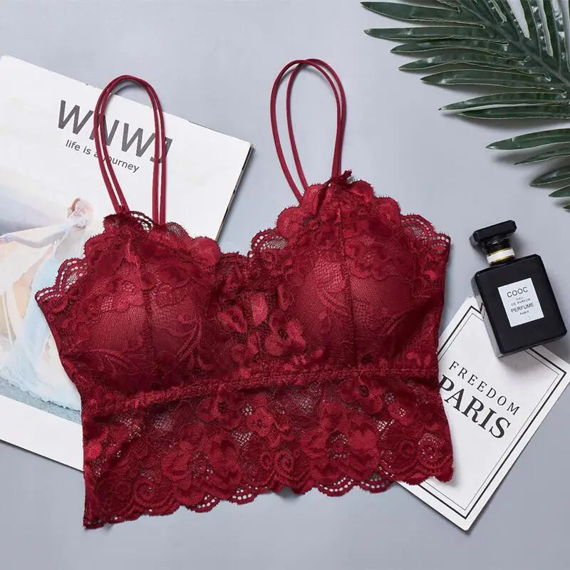 Women's Embroidery Lace Strap Vest Bralette Sexy Back Design No Wireless Push-up Detachable Breast Pads Included