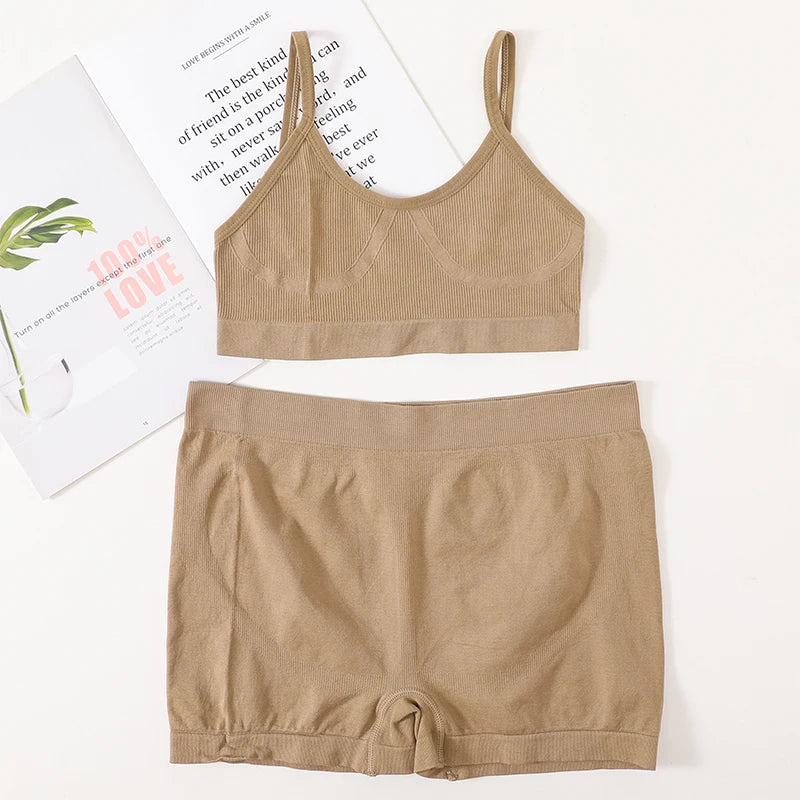 Women Seamless Bra And Panties Set Female Sport V-neck Unlined Bra High Rise Shorts Stretchy Underwear Sexy Lingerie Set