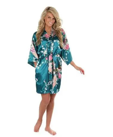 Wholesale Flower&Peacock Kimono Bathrobe Women Satin Soft Sleepwear Sexy Mini Bride Bridesmaid Wedding Robe Dressing Party Gown
