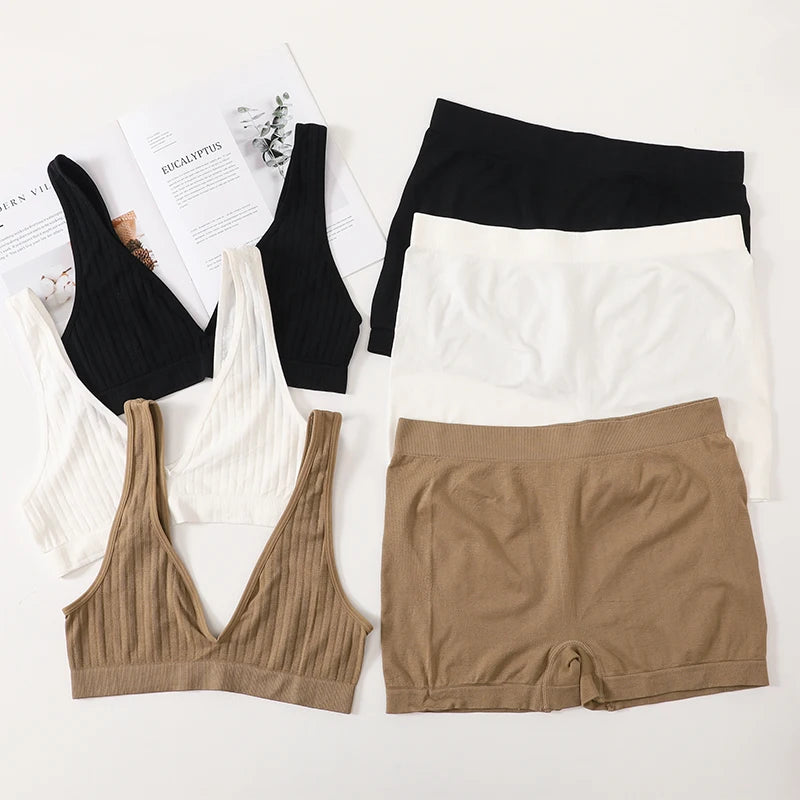 Women Seamless Bra And Panties Set Female Sport V-neck Unlined Bra High Rise Shorts Stretchy Underwear Sexy Lingerie Set