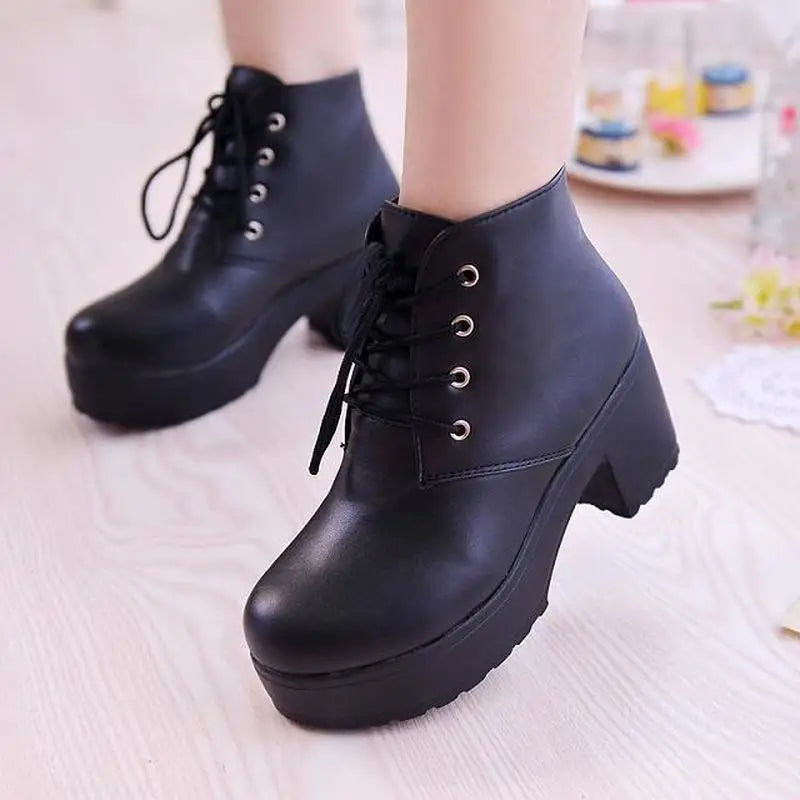 g4 Women's Single Boots New Horse Boots Square Heel Round Toe Spring High Heel Boots Lace-Up Plus Size 35-45