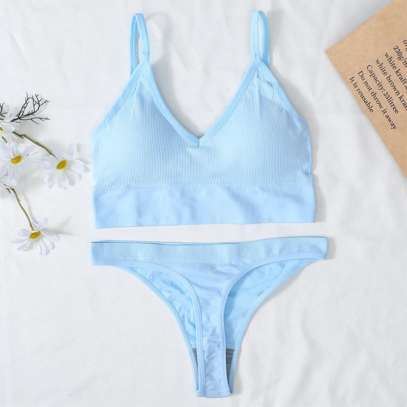 Women Bra And Panties Set U Back Bra Seamless Underwear Sport Cropped Top Low Waist Thongs Sexy Lingerie Set Fitness Crop Top
