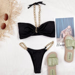 New Halter Ribbed Brazilian Bikini Female Swimsuit Women Swimwear Two pieces Bikini set Metal Chains Bather Bathing Suit Swim
