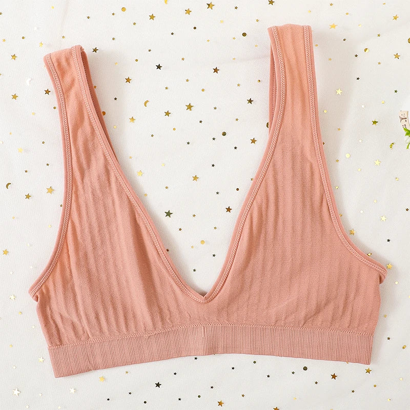 Women Ribbed V-Neck Unpadded Bra High Waist High Cut Briefs Set Wireless Bralette Soft Stretch Panties Sexy Lingerie Set S-L