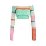 Women Summer Crop Tops Splicing Crochet Square Neck Long Sleeves Knitted T-shirt Tops 2021 Streetwear for Girls Green