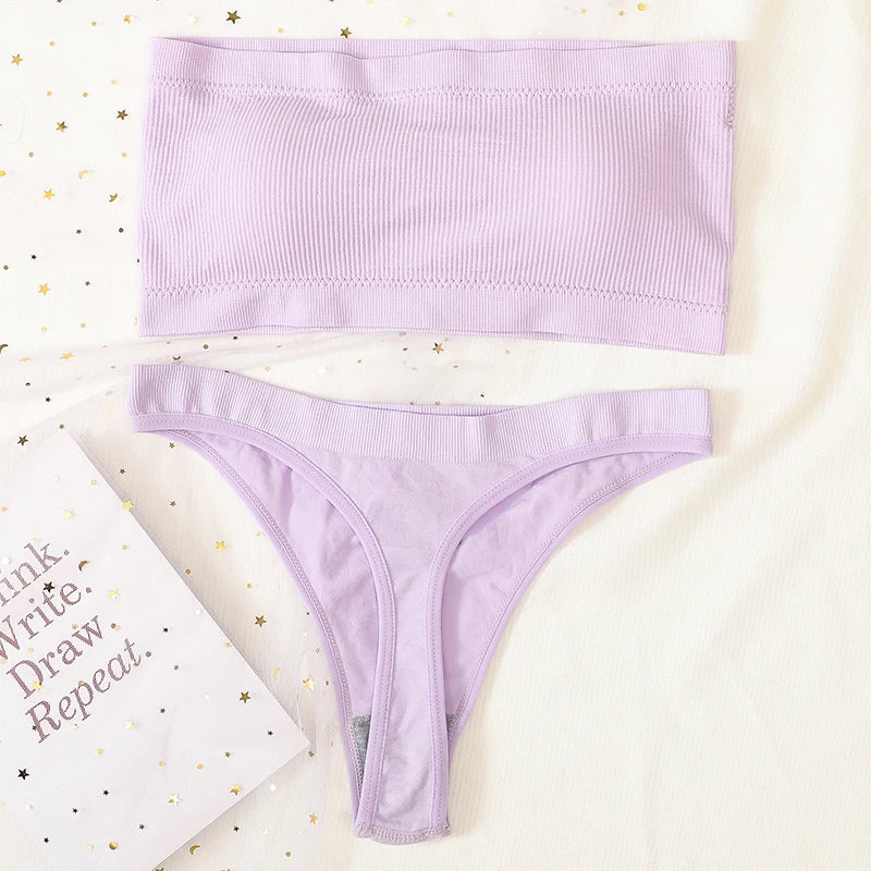 Women Strapless Bra And Panties Set Seamless Anti-Slip Tube Bra Sexy Underwear Brazilian Panties Ribbed Bandeau Lingerie Set