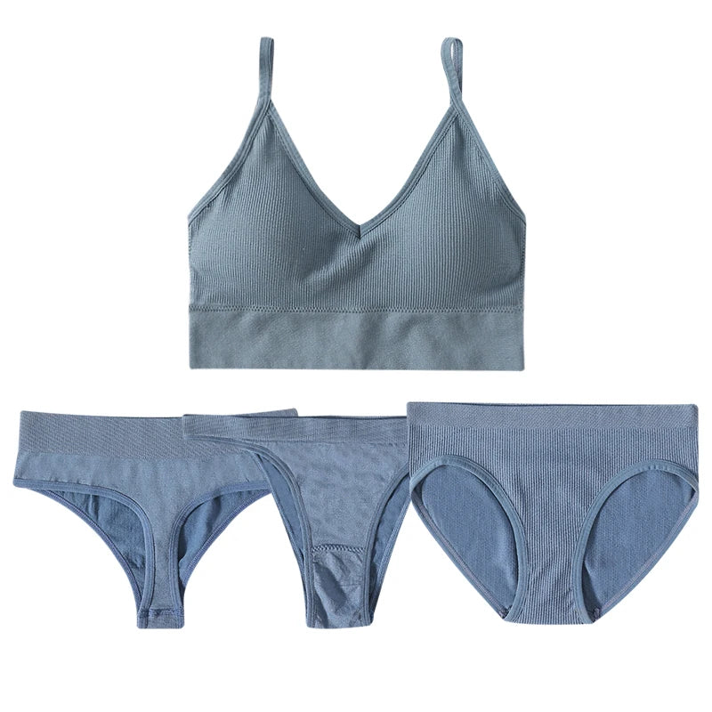 4pcs/set Women Underwear Set Active Wear Bra Top Female U Back Sports Bra And Panties Set G-String Thongs Sexy Lingerie