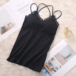 Women Vertical Rib Long Camisole With Crisscross Thin Straps Romantic Lace Trim V Neck Built-In Chest Pads Daily Inner Sling Top