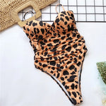 Push Up Bra Cup Leopard Scrunched Women Bandeau Swimwear One Piece Swimsuit Female Monokini High Cut Bathing Suit Swim Bodysuit