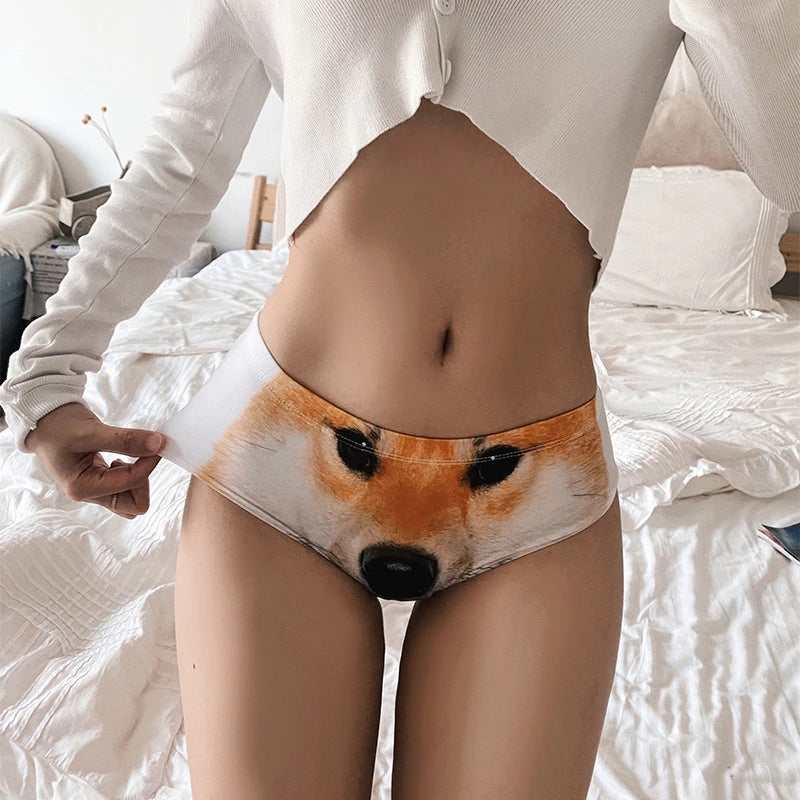 Cute Cat Pet Print 3D Stereo Ears Panties Comfortable Ice Silk Women Underwear Sexy Low-Waist Thong Hip-Lifting Female Briefs