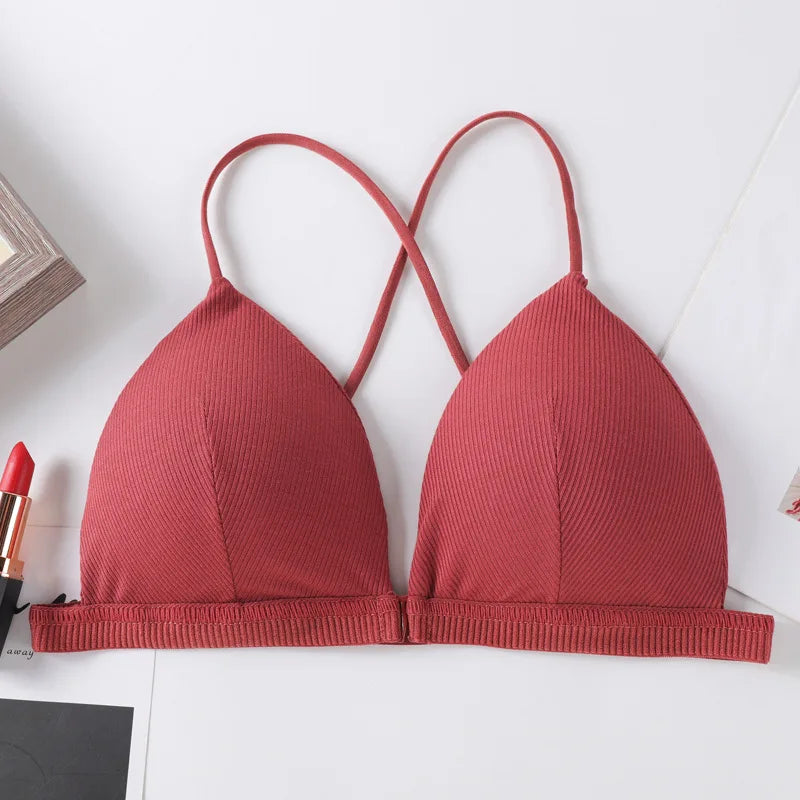 Front Closure Bra Deep V Bras For Women Thin Cross Straps Wire Free Brassiere Pdded Bralette Women's Underwear Sexy Lingerie