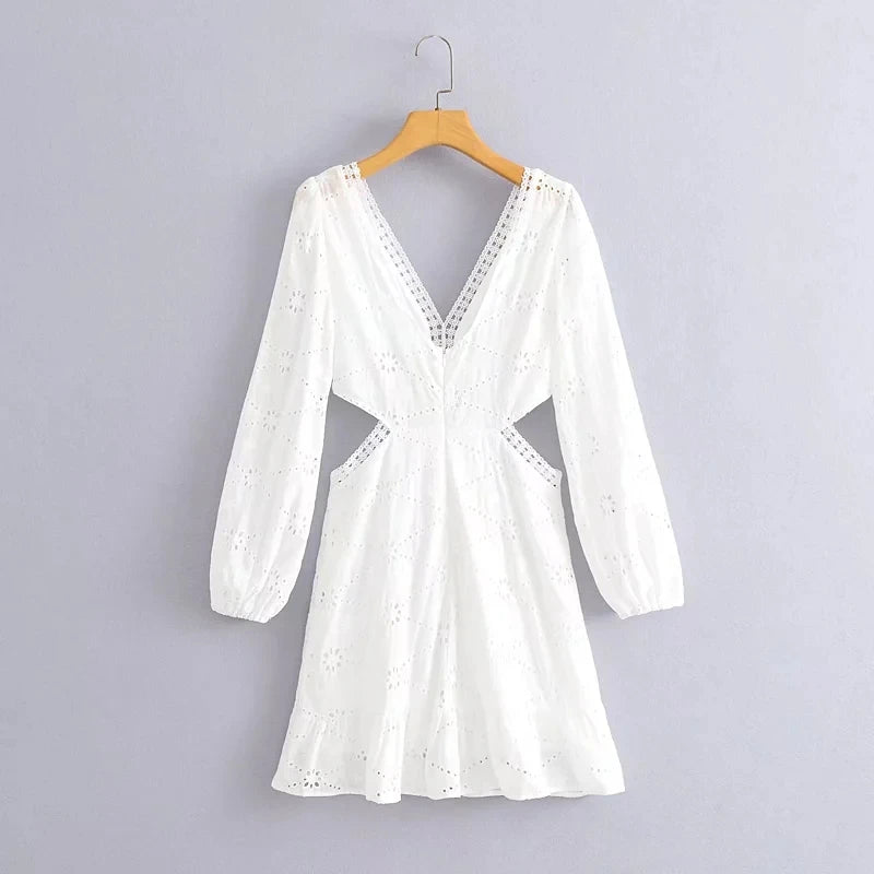 Foridol Waist Hollow Out V Neck Backless White Lace Party Dress Christmas Vestido Robe Ruffled Cotton Long Sleeve Autumn Dress