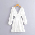 Foridol Waist Hollow Out V Neck Backless White Lace Party Dress Christmas Vestido Robe Ruffled Cotton Long Sleeve Autumn Dress