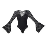 Bodysuits Women Top Fashion V Neck Lace Skinny Lingerie Leotard Black Mesh Salopette Teddy Femme Horn Sleeves Rompers Jumpsuits