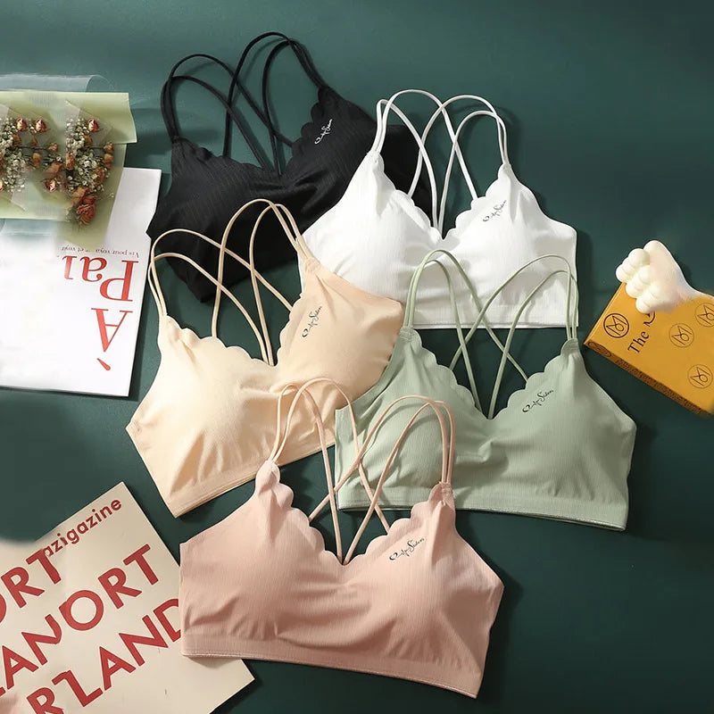 Scalloped Wave V Neck Rib Bralette Women Underwear Fixed Thin Shoulder Straps Detachable Heart Shape Foam Pads Lounge Inner Bra
