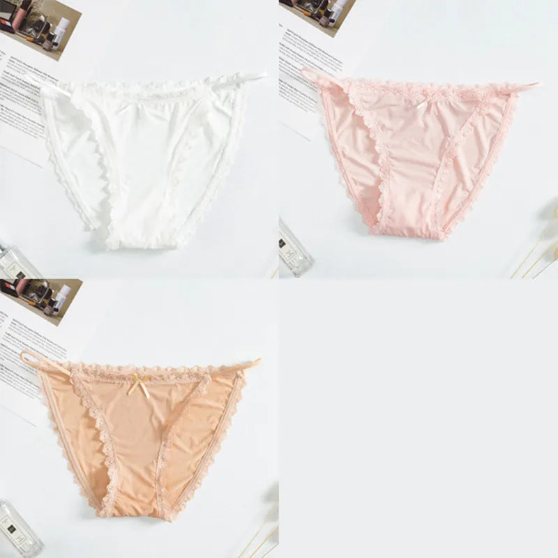 3Pcs/Set Sexy Women Brazilian Panties Ice Silk Briefs Female Underpants Seamless Underwear Lace Trims Low Rise Briefs M-XL