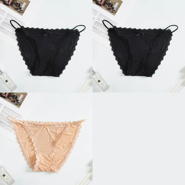 3Pcs/Set Sexy Women Brazilian Panties Ice Silk Briefs Female Underpants Seamless Underwear Lace Trims Low Rise Briefs M-XL
