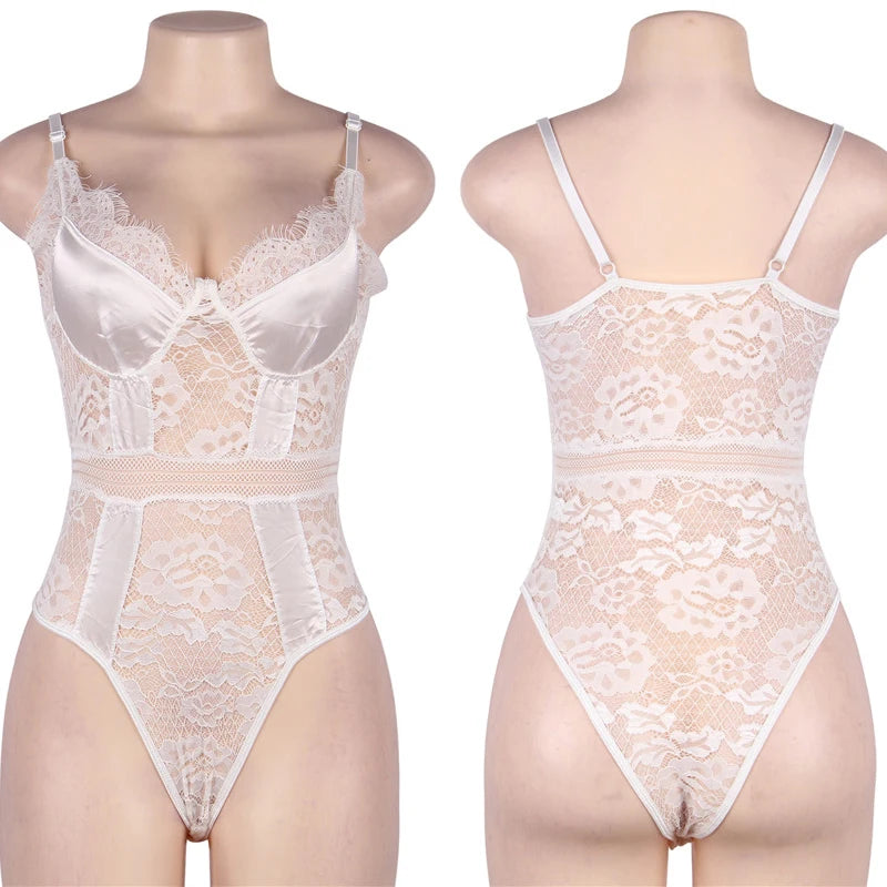 Plus Size Snap Crotch Lace Bodysuits Women Sexy Elegant Teddy Bodysuit Streetwear Skinny Overalls Body Femme Body Tops Jumpsuit