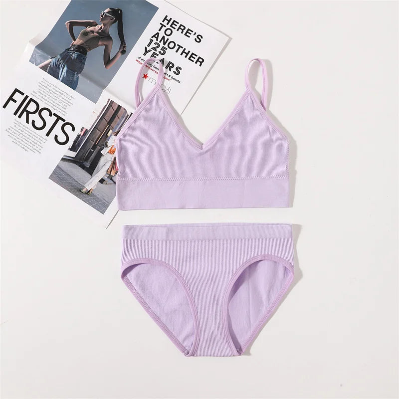 Women Seamless Bra And Panties Set U Back Bra Crop Top Sexy Lingerie Set No Pads Brassiere Low Rise Briefs Ladies Underwear Set
