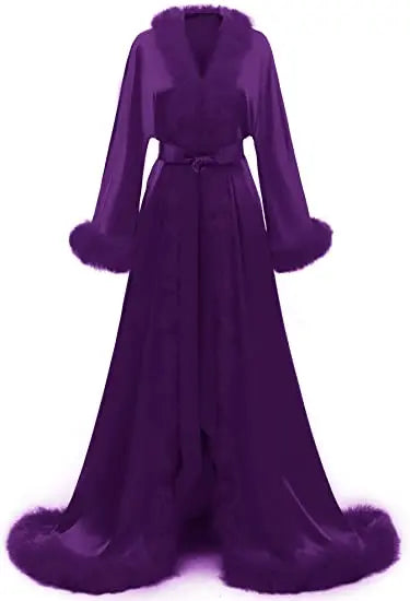 Women's Satin Robe Fur Nightgown Bathrobe Sleepwear Feather Bridal Robe with Belt