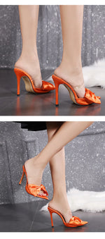 2025 Silk Butterfly Knot Women PVC Slippers Mule 11cm High Heels Slippers Luxury Sandals Pointed Toe Strappy Slides Party Shoes