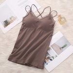 Women Vertical Rib Long Camisole With Crisscross Thin Straps Romantic Lace Trim V Neck Built-In Chest Pads Daily Inner Sling Top