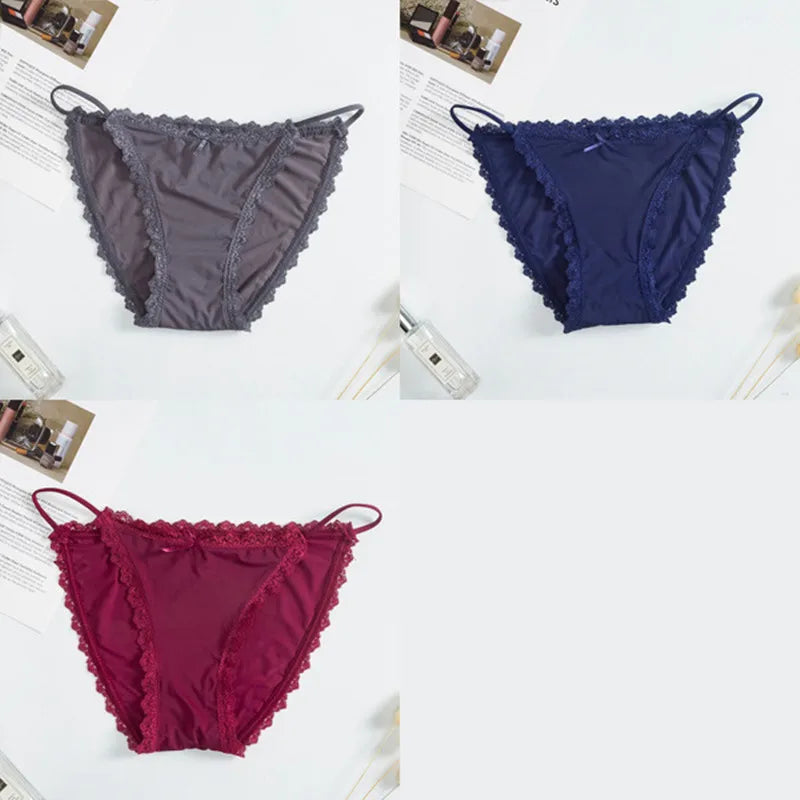3Pcs/Set Sexy Women Brazilian Panties Ice Silk Briefs Female Underpants Seamless Underwear Lace Trims Low Rise Briefs M-XL