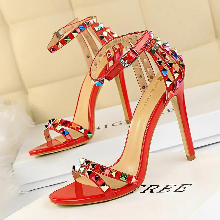 BIGTREE Shoes Color Rivets Women Sandals Roman Style Heeled Sandals Hollow Out High Heels Stiletto Sexy Party Shoes Sandals