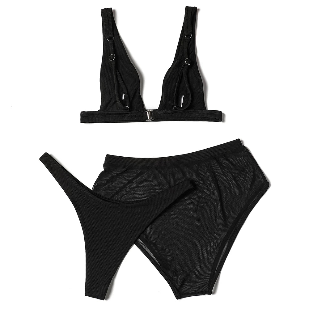 ZTVitality Black Ribbed Three Pieces Bikini 2025 New Padded High Cut Mesh Swimsuit Female Swimwear Women Beach Brazilian Biquini