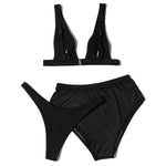 ZTVitality Black Ribbed Three Pieces Bikini 2025 New Padded High Cut Mesh Swimsuit Female Swimwear Women Beach Brazilian Biquini