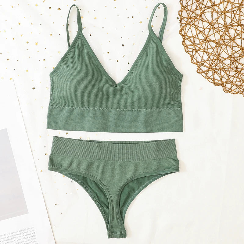 Women Sports Bra And Panties Set Seamless Bra U-Back Crop Top High Rise G-String Panties Thongs Underwear Sexy Lingerie Set