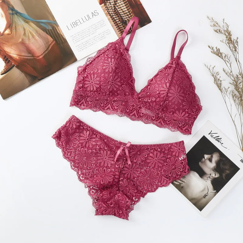 Women Floral Lace Bra And Panties Set Wire Free Bralette Low Rise Briefs Sexy Lingerie Set Ladies Lace Underwear Set