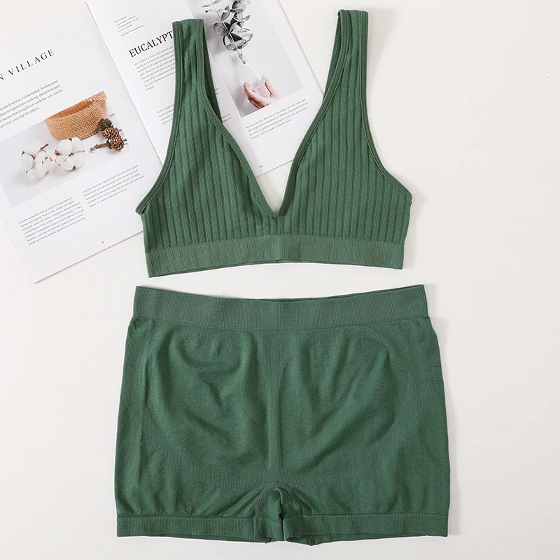 Women Seamless Bra And Panties Set Female Sport V-neck Unlined Bra High Rise Shorts Stretchy Underwear Sexy Lingerie Set