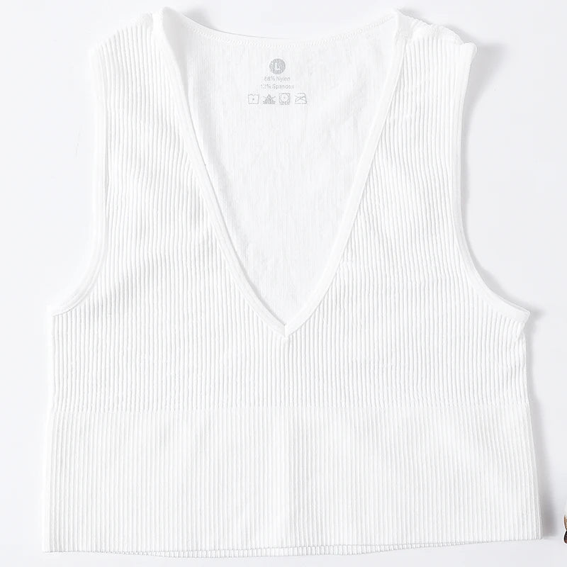 Deep V-Neck Crop Top 18 Colors Slim Fit Tank Stretchy Sleeveless Crop Vest Casual Ribbed Knit Top Low Cut Summer Camisole M-XL