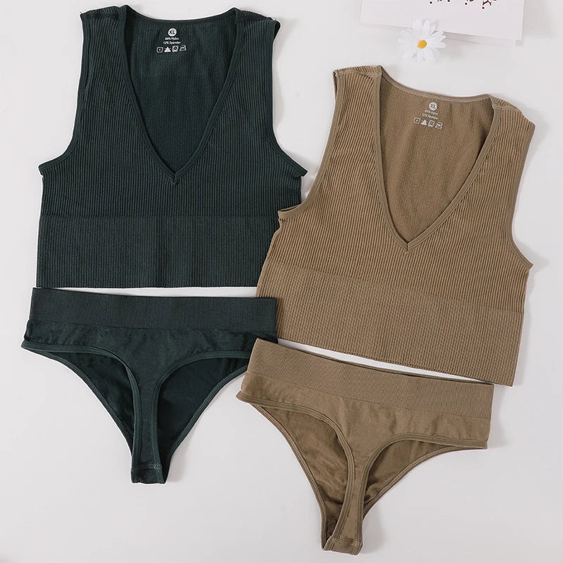 Sexy Women Bra Set Seamless Underwear High Waist Thongs Fashion Bralette Ribbed Tops Brassiere Basic Crop Top Female Lingerie