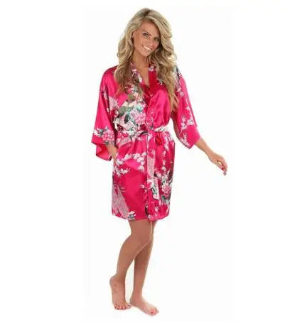 Wholesale Flower&Peacock Kimono Bathrobe Women Satin Soft Sleepwear Sexy Mini Bride Bridesmaid Wedding Robe Dressing Party Gown