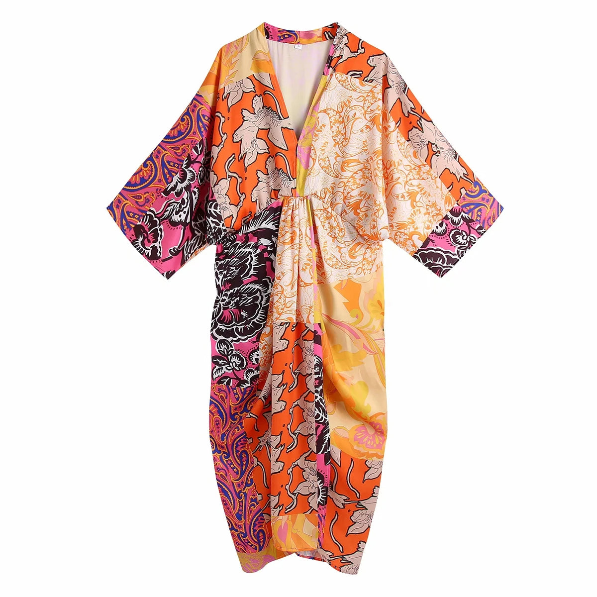 Foridol Paisley Print Batwing Sleeve Kimono Maxi Long Dress Floral Print Half Sleeve Boho Autumn Dress Orange Belt Slit Dress