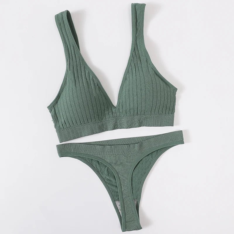 Women's Seamless Bra Panties Set Female Wirefree Brassiere Top Sports Underwear High Waist Briefs V Neck Sexy Lingerie Set