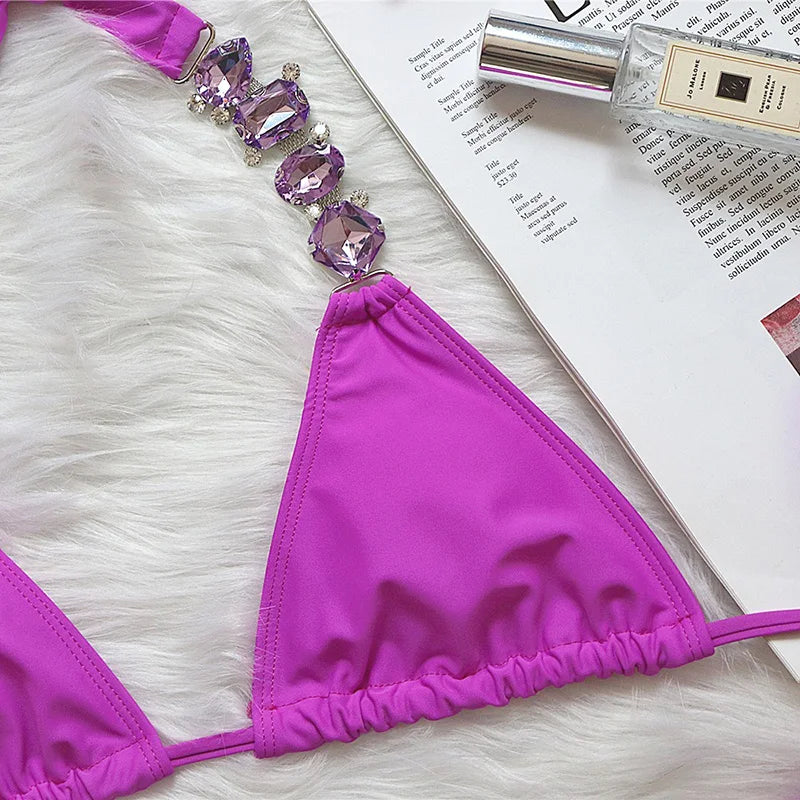 Halter Rhinestone Diamond Bikini Women Swimsuit Female Bikinis Metal Chain Swimwear Two Pieces Bikini Set Bathing Suit Swim Lady