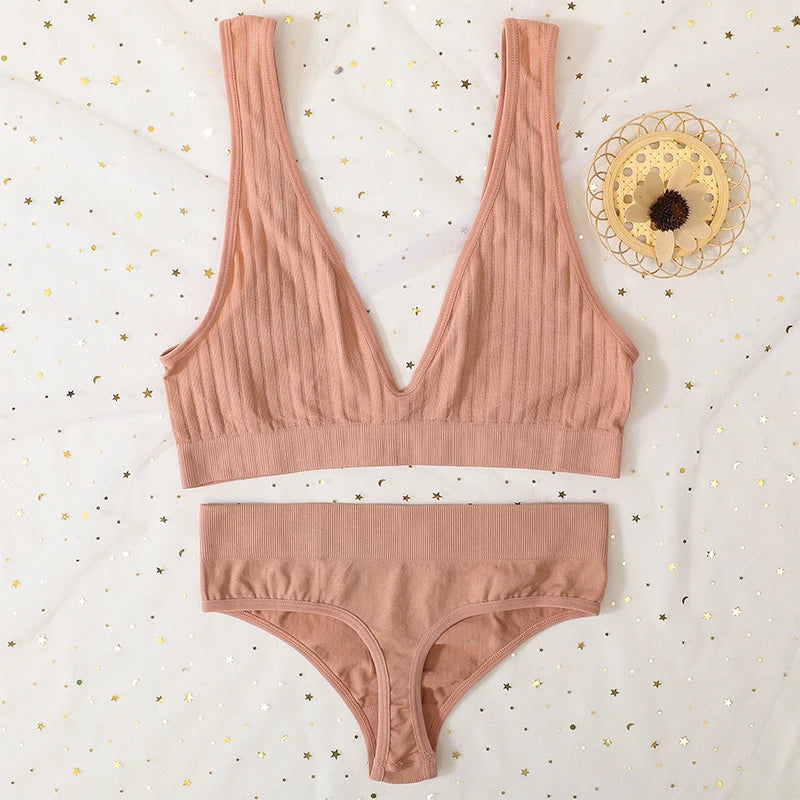 Seamless Bra And Panties Set Push Up Bras Women Sexy Lingerie Female High Waist G-String V-neck Brassiere Underwear Set
