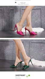 2025 Silk Butterfly Knot Women PVC Slippers Mule 11cm High Heels Slippers Luxury Sandals Pointed Toe Strappy Slides Party Shoes