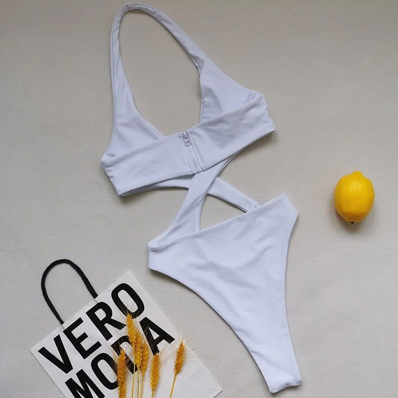 2025 Sexy High Cut Out Halter Female Swimwear One Piece Swimsuit Women Cross Bandage Monokini Bather Bathing Suit Swim Bodysuit