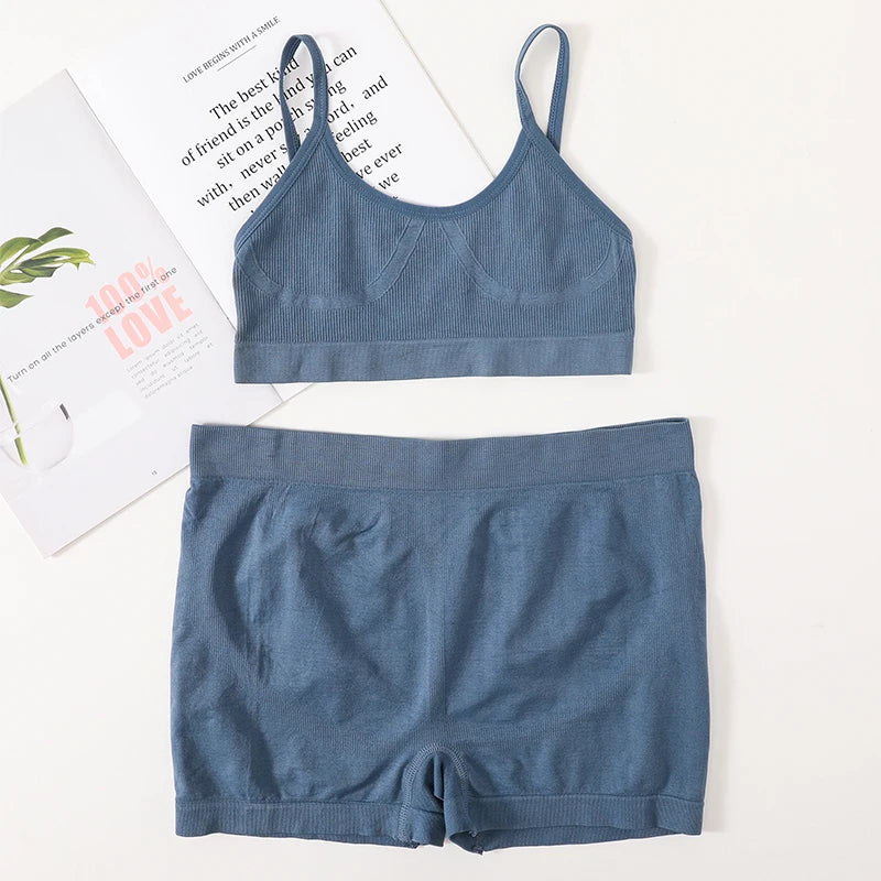 Women Seamless Bra And Panties Set Female Sport V-neck Unlined Bra High Rise Shorts Stretchy Underwear Sexy Lingerie Set