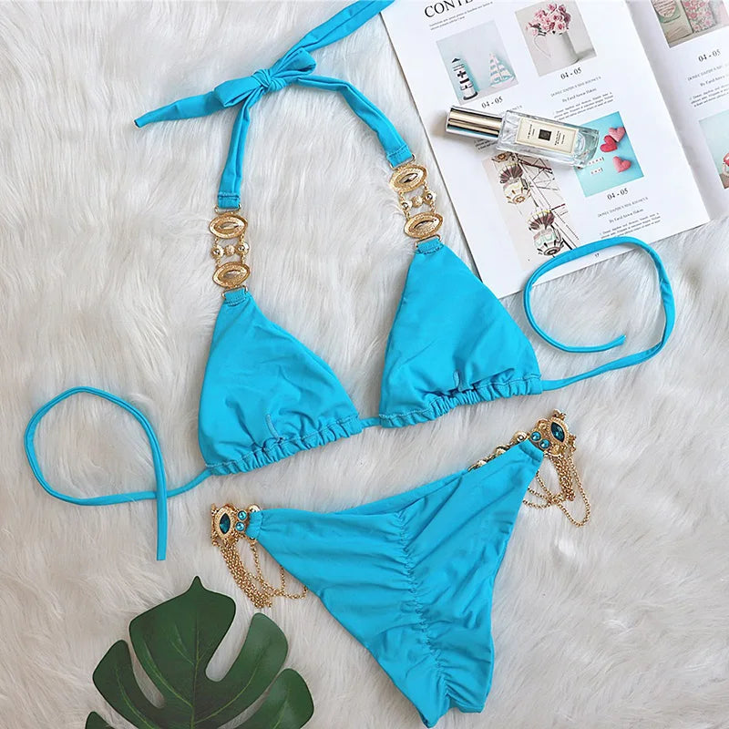 Halter Rhinestone Diamond Bikini Women Swimsuit Female Bikinis Metal Chain Swimwear Two Pieces Bikini Set Bathing Suit Swim Lady