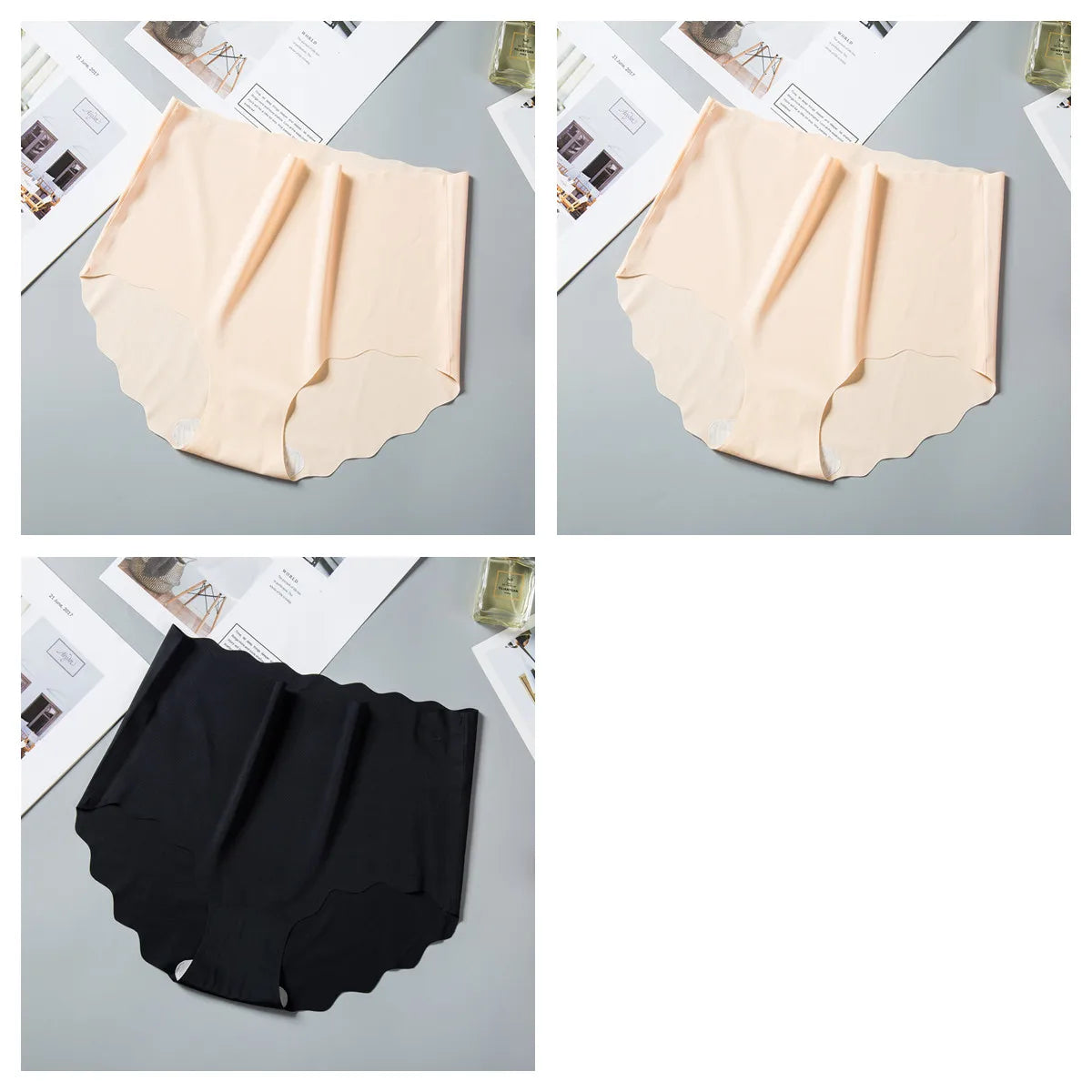 3Pcs/Set Women Ice Silk Panties Wavy Trim Seamless Underwear High Waist Panty No Show Briefs Invisible Ladies Lingerie M-XXL